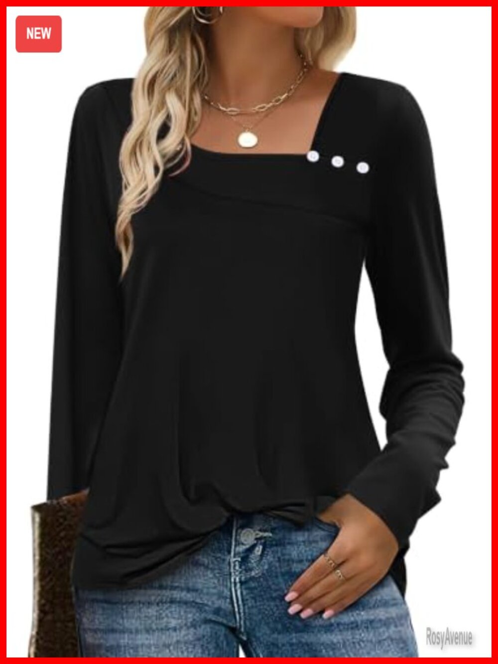 Long Sleeve Square Neck Tunic Top with Decorative Buttons